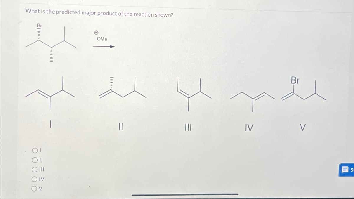 What is the predicted major product of the reaction shown?
OIV
OV
Ө
OMe
Ш
Br
IV
V
S