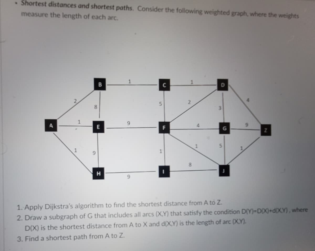 • Shortest distances and shortest paths. Consider the following weighted graph, where the weights
measure the length of each arc.
4
8
9
B
E
H
1
9
C
5
1
1
2
D
3
G
5
1. Apply Dijkstra's algorithm to find the shortest distance from A to Z.
2. Draw a subgraph of G that includes all arcs (X,Y) that satisfy the condition D(Y)-D(X)+d(XY), where
D(X) is the shortest distance from A to X and d(X,Y) is the length of arc (X,Y).
3. Find a shortest path from A to Z.