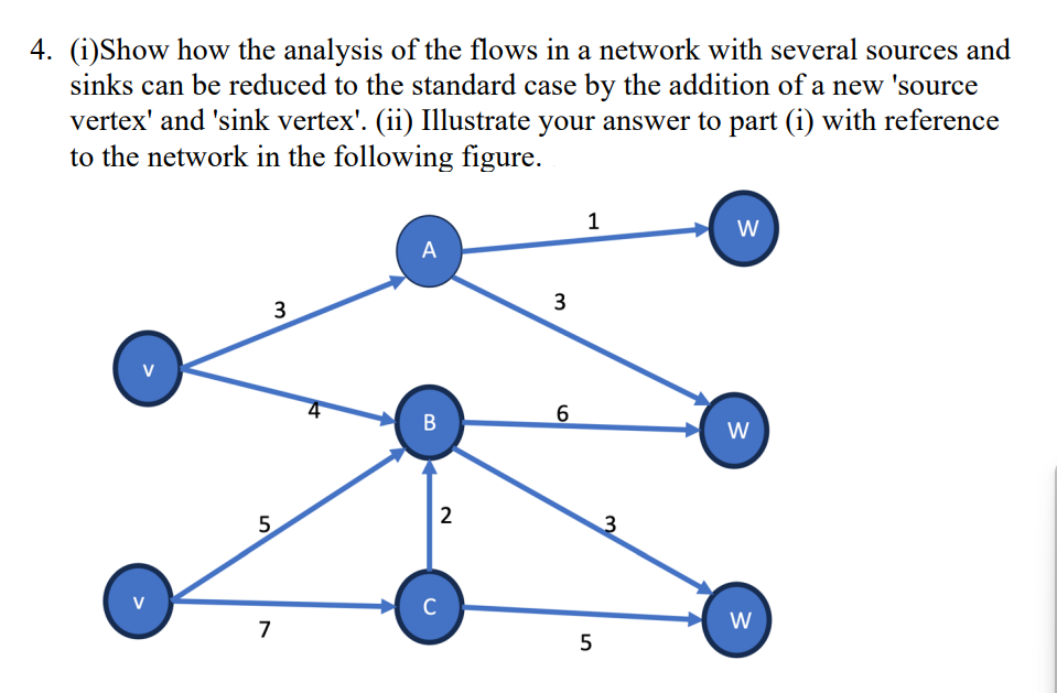 4. (i)Show how the analysis of the flows in a network with several sources and
sinks can be reduced to the standard case by the addition of a new 'source
vertex' and 'sink vertex'. (ii) Illustrate your answer to part (i) with reference
to the network in the following figure.
v
A
3
3
1
W
6
B
W
2
5
3
V
с
W
7
5