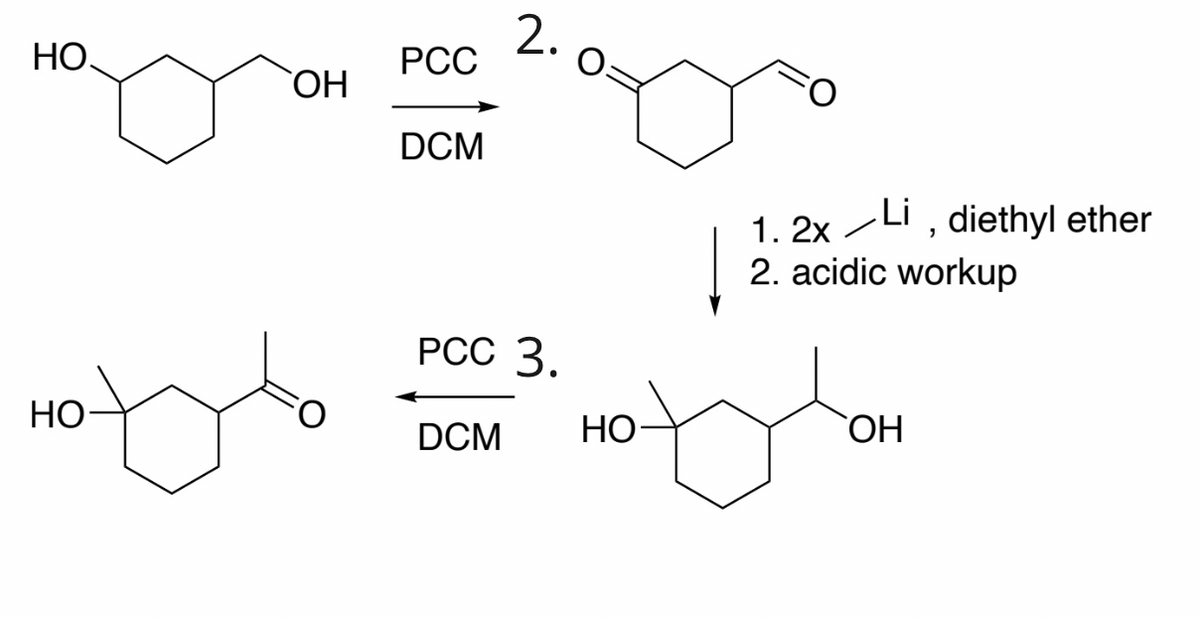 НО.
OH
HO
PCC
DCM
2.
PCC 3.
✓
1. 2x Li, diethyl ether
2. acidic workup
HO DOM
DCM
но
OH