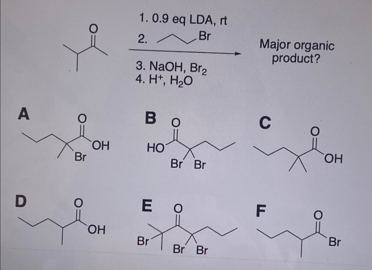A
Br
1. 0.9 eq LDA, rt
2.
Br
3. NaOH, Br2
4. H+, H₂O
Bo
OH
HO
Br Br
D
OH
Major organic
product?
C
OH
E
0
F
Br
Br
Br Br