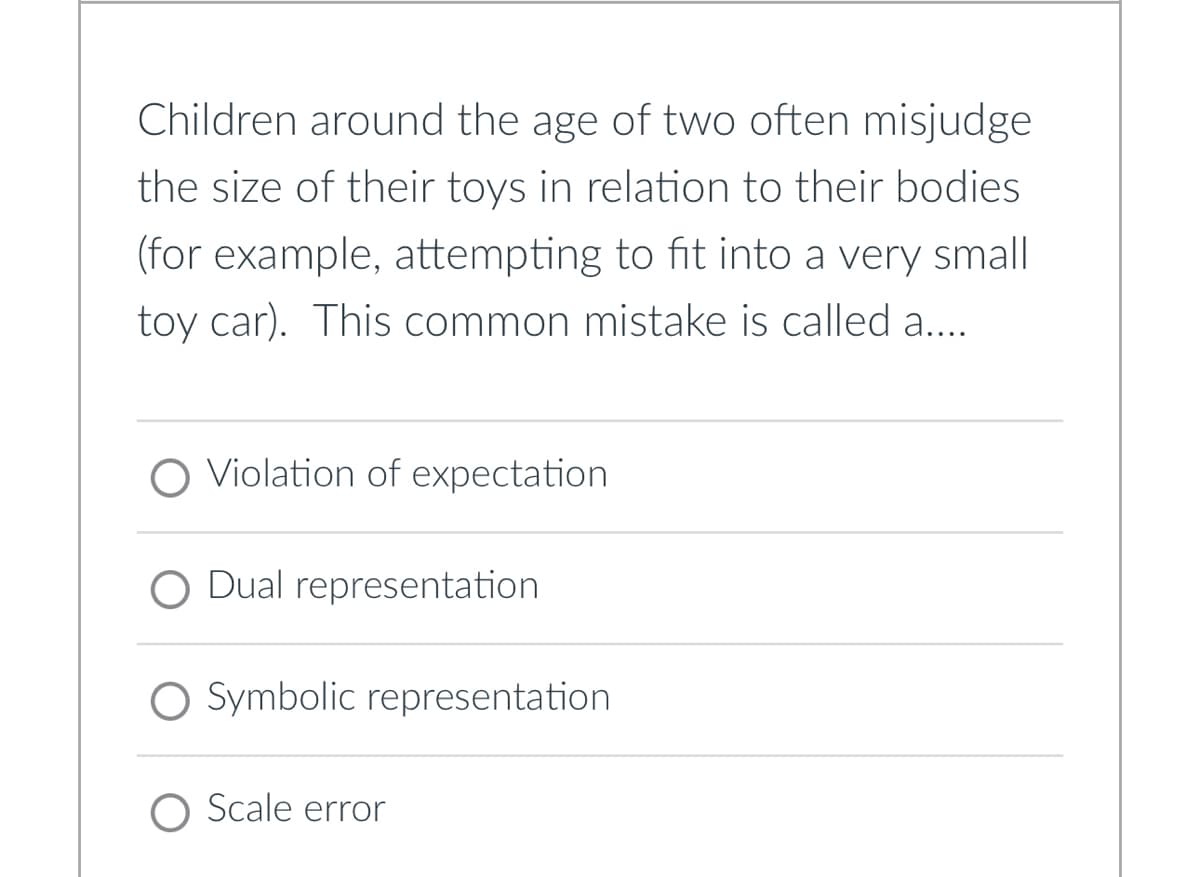 Children around the age of two often misjudge
the size of their toys in relation to their bodies
(for example, attempting to fit into a very small
toy car). This common mistake is called a....
Violation of expectation
Dual representation
O Symbolic representation
O Scale error