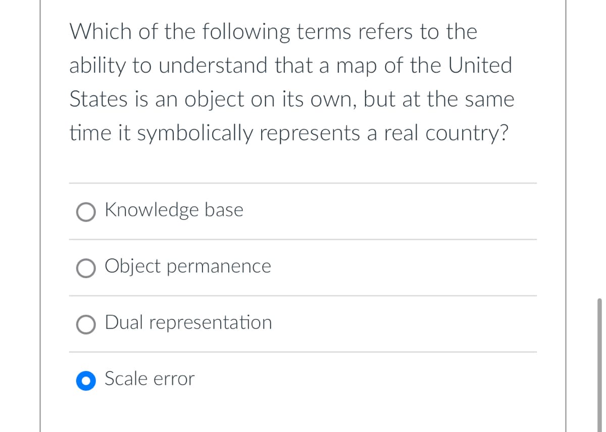 Which of the following terms refers to the
ability to understand that a map of the United
States is an object on its own, but at the same
time it symbolically represents a real country?
Knowledge base
O Object permanence
Dual representation
Scale error