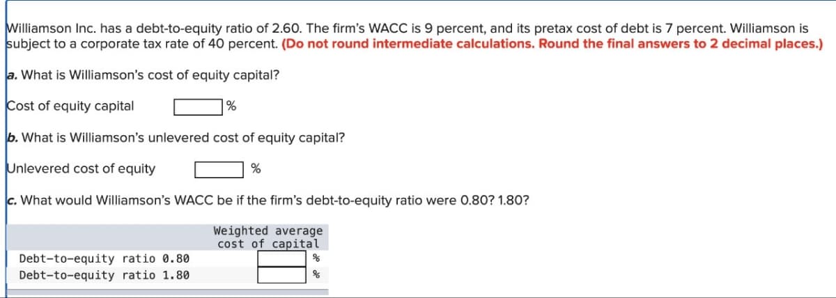 Williamson Inc. has a debt-to-equity ratio of 2.60. The firm's WACC is 9 percent, and its pretax cost of debt is 7 percent. Williamson is
subject to a corporate tax rate of 40 percent. (Do not round intermediate calculations. Round the final answers to 2 decimal places.)
a. What is Williamson's cost of equity capital?
Cost of equity capital
%
b. What is Williamson's unlevered cost of equity capital?
Unlevered cost of equity
%
c. What would Williamson's WACC be if the firm's debt-to-equity ratio were 0.80? 1.80?
Debt-to-equity ratio 0.80
Debt-to-equity ratio 1.80
Weighted average
cost of capital
%
%
