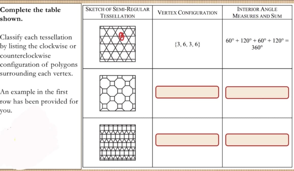 Complete the table
shown.
Classify each tessellation
by listing the clockwise or
counterclockwise
configuration of polygons
surrounding each vertex.
An example in the first
row has been provided for
you.
SKETCH OF SEMI-REGULAR
TESSELLATION
VERTEX CONFIGURATION
{3, 6, 3, 6}
INTERIOR ANGLE
MEASURES AND SUM
60° +120° + 60°+120° =
360°
10
11