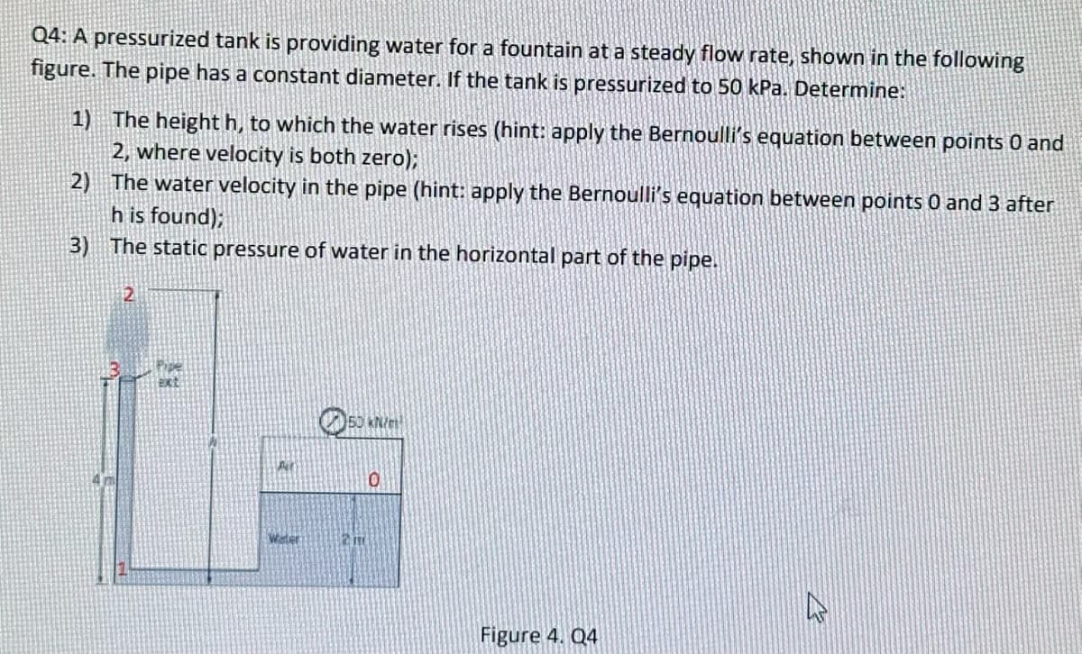 Q4: A pressurized tank is providing water for a fountain at a steady flow rate, shown in the following
figure. The pipe has a constant diameter. If the tank is pressurized to 50 kPa. Determine:
1) The height h, to which the water rises (hint: apply the Bernoulli's equation between points 0 and
2, where velocity is both zero);
2) The water velocity in the pipe (hint: apply the Bernoulli's equation between points 0 and 3 after
h is found);
3) The static pressure of water in the horizontal part of the pipe.
2
All
Water
50 kN/
0
Figure 4. Q4