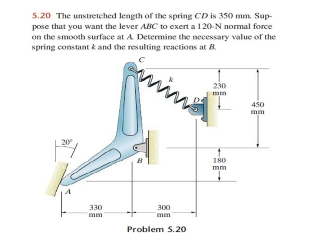 5.20 The unstretched length of the spring CD is 350 mm. Sup-
pose that you want the lever ABC to exert a 120-N normal force
on the smooth surface at A. Determine the necessary value of the
spring constant k and the resulting reactions at B.
20°
330
mm
230
mm
450
mm
B
180
mm
300
mm
Problem 5.20