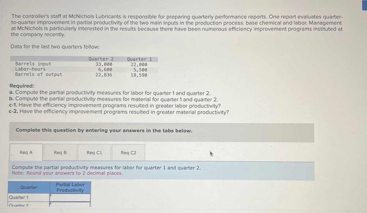 The controller's staff at McNichols Lubricants is responsible for preparing quarterly performance reports. One report evaluates quarter-
to-quarter improvement in partial productivity of the two main inputs in the production process: base chemical and labor. Management
at McNichols is particularly interested in the results because there have been numerous efficiency improvement programs instituted at
the company recently.
Data for the last two quarters follow:
Barrels input
Labor-hours
Barrels of output
Required:
Quarter 2
33,000
6,600
22,836
Quarter 1
22,000
5,500
18,590
a. Compute the partial productivity measures for labor for quarter 1 and quarter 2.
b. Compute the partial productivity measures for material for quarter 1 and quarter 2.
c-1. Have the efficiency improvement programs resulted in greater labor productivity?
c-2. Have the efficiency improvement programs resulted in greater material productivity?
Complete this question by entering your answers in the tabs below.
Req A
Req B
Req C1
Req C2
Compute the partial productivity measures for labor for quarter 1 and quarter 2.
Note: Round your answers to 2 decimal places.
Quarter
Quarter 1
Quarter 2
Partial Labor
Productivity