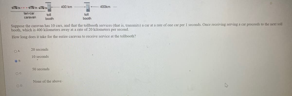 400 km
400km
ten-car
toll
toll
caravan
booth
booth
Suppose the caravan has 10 cars, and that the tollbooth services (that is, transmits) a car at a rate of one car per 1 seconds. Once receiving serving a car proceeds to the next toll
booth, which is 400 kilometers away at a rate of 20 kilometers per second.
How long does it take for the entire caravan to receive service at the tollbooth?
20 seconds
10 seconds
50 seconds
None of the above
