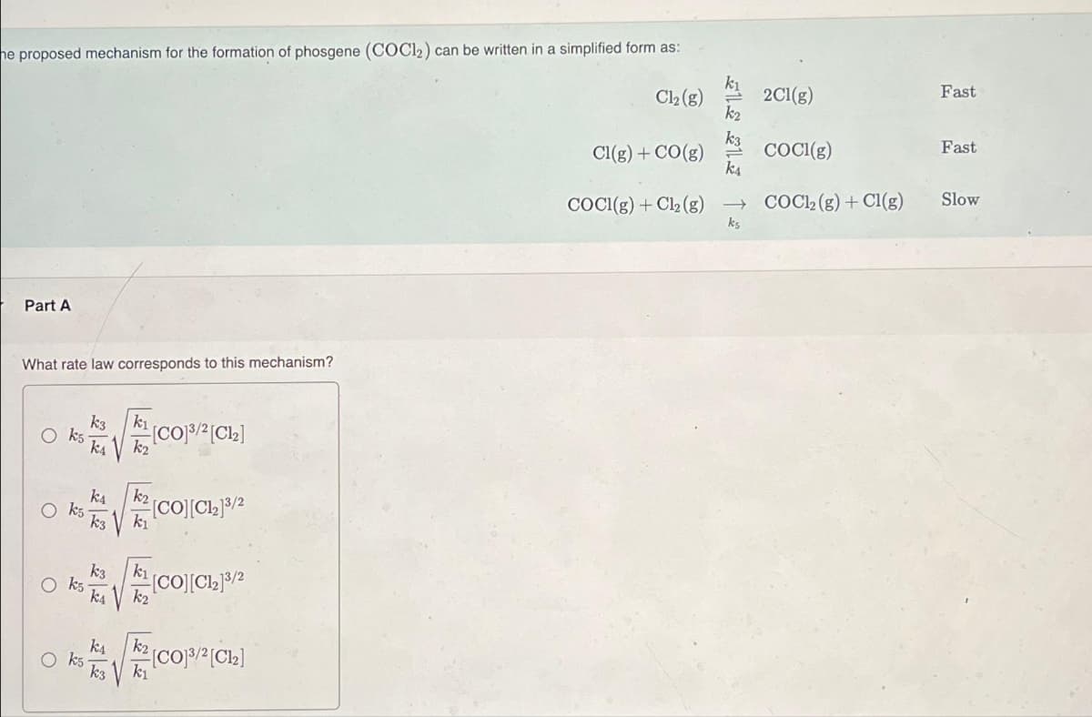 he proposed mechanism for the formation of phosgene (COC12) can be written in a simplified form as:
Cl₂ (g)
Part A
What rate law corresponds to this mechanism?
k3
k5 [CO]3/2 [C1₂]
k4
kı
k₂
2 [CO][C1₂13/2
kı
OK √
K3K¹ [CO][Cl₂13/2
K₁ K₂
KS TOV F
K2CO³/2 [C1₂]
kı
Cl(g) + CO(g)
COCI(g) + Cl₂ (g)
2
k4
→
ks
2Cl(g)
COCI(g)
COC1₂(g) + Cl(g)
Fast
Fast
Slow