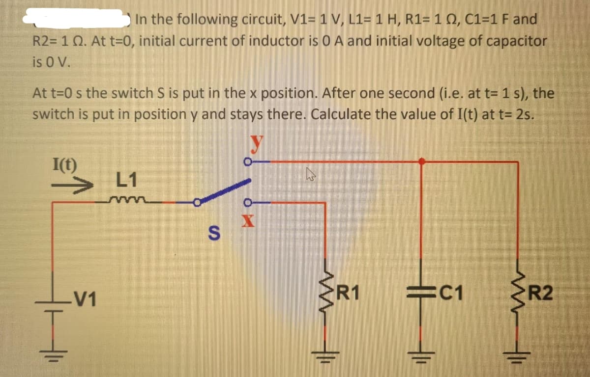 In the following circuit, V1= 1 V, L1= 1 H, R1= 1 Q2, C1=1 F and
R2= 1 Q. At t=0, initial current of inductor is O A and initial voltage of capacitor
is 0 V.
At t=0 s the switch S is put in the x position. After one second (i.e. at t= 1 s), the
switch is put in position y and stays there. Calculate the value of I(t) at t= 2s.
I(t)
➜L1
-V1
www
S
OM
X
R1
C1
ww
R2