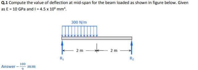Q.1 Compute the value of deflection at mid-span for the beam loaded as shown in figure below. Given
as E = 10 GPa and = 4.5 x 10° mm*.
300 N/m
2 m
2 m
R
R2
Answer -
100
тт
