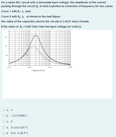 For a series RLC circuit with a sinusoidal input voltage, the amplitude of the current
passing through the circuit (I, in mA) is plotted as a function of frequency for two cases:
Curve 1 with R1, L1. and
Curve 2 with R2. L2 as shown in the next figure.
The value of the capacitor used in the circuits is C=0.01 micro Farads.
If the value of R2 =1600 Ohm then the input voltage (in volts) is:
7.5
25
110
Frequency H2
O a. 4
O b. 16 sin(9888 t)
O c. 8
O d. 8 cos(6.28 f t)
O e. 8 sin (6.28 R t)
