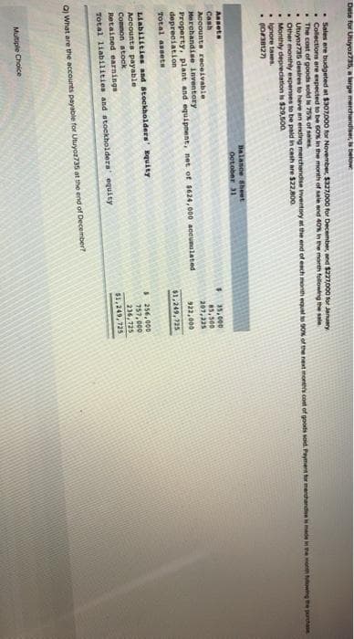 Dete for Utuyox735, a large merchandiser, is below
Sales are budgeted at $307,000 for November, $327,000 for December, and $227,000 for January
. Collections are expected to be 60% in the month of sale and 40% in the month following the sale
The cost of goods sold is 75% of sales
. Utuyoz735 desires to have an ending merchandise Inventory at the end of each month equal to 90% of the next month's cost of goods soid. Payment for merchandise is made in the month flowing the purchase
Other monthly expenses to be paid in cash are $22,800.
Monthly depreciation is $29,500
. Ignore taxes.
. (D#38127)
Annet
Cash
Balance Sheet
October 31
Accounts receivable.
Merchandise inventory
Property, plant and equipment, net of $624,000 accumulated
depreciation
Total assets
Liabilities and Stockholders' Equity
Accounts payable
Common stock
Retained earnings
Total liabilities and stockholders' equity
Q) What are the accounts payable for Utuyoz735 at the end of December?
Multiple Choice
F
35,000
85,500
207,235
922,000
$1,249,725
$256,000
757,000
236,725
$1,249,725
