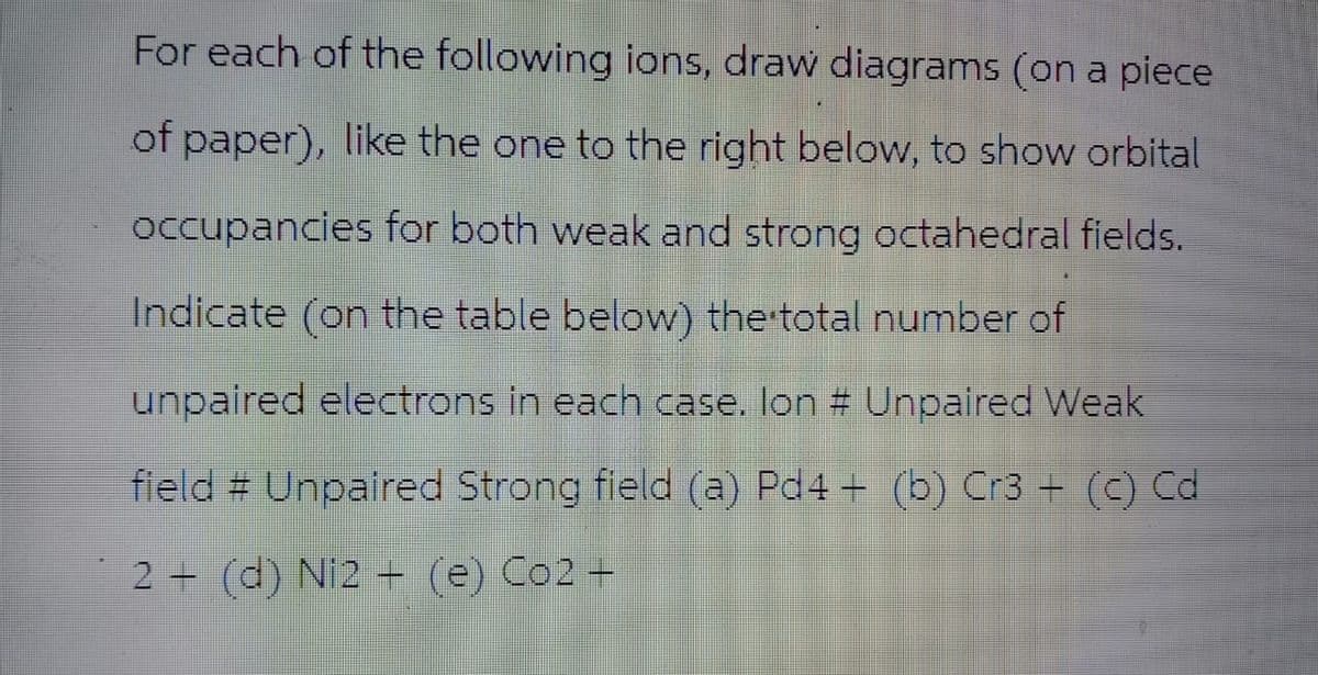For each of the following ions, draw diagrams (on a piece
of paper), like the one to the right below, to show orbital
occupancies for both weak and strong octahedral fields.
Indicate (on the table below) the total number of
unpaired electrons in each case. Ion # Unpaired Weak
field # Unpaired Strong field (a) Pd4+ (b) Cr3+ (c) Cd
2(d) Ni2 + (e) Co2 +