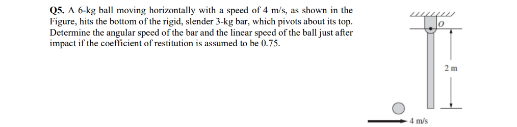 Q5. A 6-kg ball moving horizontally with a speed of 4 m/s, as shown in the
Figure, hits the bottom of the rigid, slender 3-kg bar, which pivots about its top.
Determine the angular speed of the bar and the linear speed of the ball just after
impact if the coefficient of restitution is assumed to be 0.75.
2 m
4 m/s
