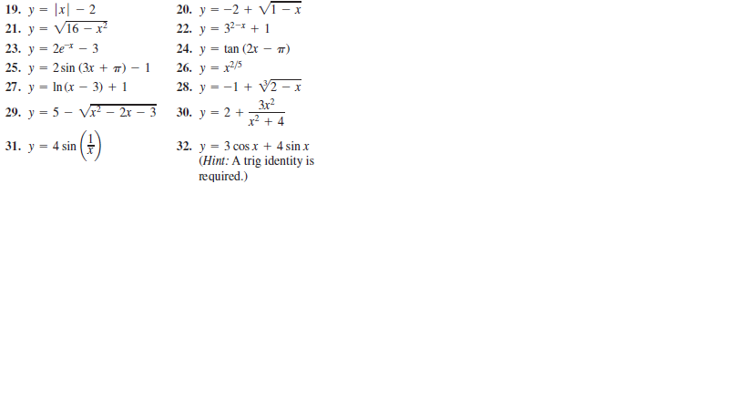 19. y = |x| – 2
21. y = V16 – x?
23. y = 2e* - 3
20. у - -2 + WI -х
22. y = 32-1 + 1
24. y = tan (2r – m)
25. y
2 sin (3x + 7) – 1
26. у 3 х5
28. y = -1 + 2 – x
3x?
x² + 4
27. y = In(x – 3) + 1
29. y = 5 - Vr² – 2x – 3
30. y = 2 +
31. y
4 sin
32. y = 3 cos x + 4 sin x
(Hint: A trig identity is
required.)
