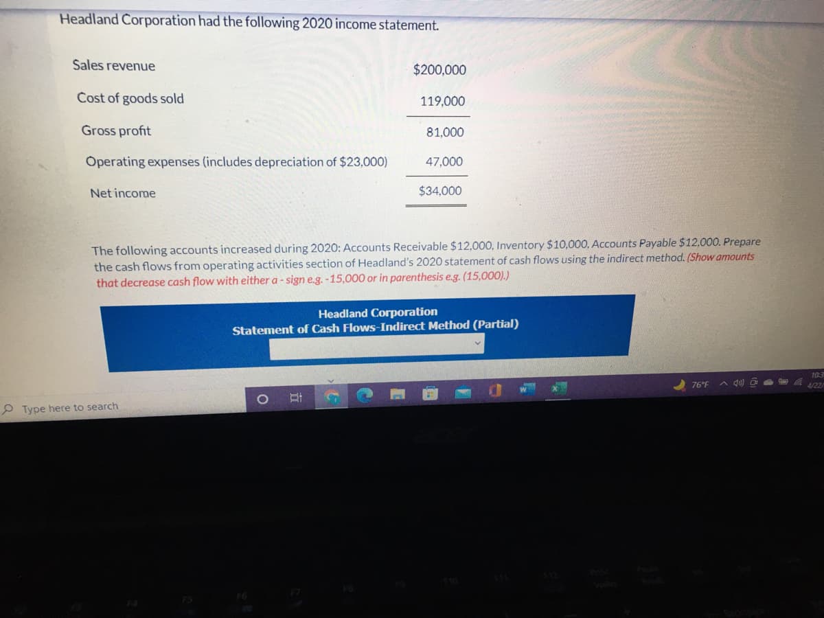 Headland Corporation had the following 2020 income statement.
Sales revenue
$200,000
Cost of goods sold
119,000
Gross profit
81,000
Operating expenses (includes depreciation of $23,000)
47,000
Net income
$34,000
The following accounts increased during 2020: Accounts Receivable $12,000, Inventory $10,000, Accounts Payable $12,000. Prepare
the cash flows from operating activities section of Headland's 2020 statement of cash flows using the indirect method. (Show amounts
that decrease cash flow with either a - sign e.g. -15,000 or in parenthesis e.g. (15,000).)
Headland Corporation
Statement of Cash Flows-Indirect Method (Partial)
103
76°F
A d0) O
4/22
P Type here to search
