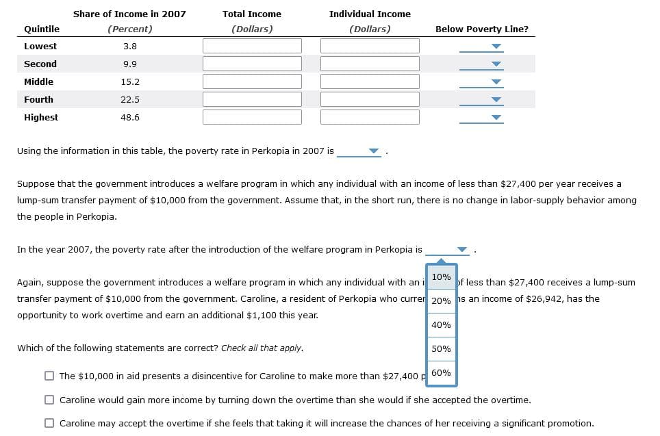 Quintile
Lowest
Second
Middle
Fourth
Highest
Share of Income in 2007
(Percent)
3.8
9.9
15.2
22.5
48.6
Total Income
(Dollars)
Individual Income
(Dollars)
Using the information in this table, the poverty rate in Perkopia in 2007 is
Suppose that the government introduces a welfare program in which any individual with an income of less than $27,400 per year receives a
lump-sum transfer payment of $10,000 from the government. Assume that, in the short run, there is no change in labor-supply behavior among
the people in Perkopia.
In the year 2007, the poverty rate after the introduction of the welfare program in Perkopia is
Below Poverty Line?
Which of the following statements are correct? Check all that apply.
10%
Again, suppose the government introduces a welfare program in which any individual with an
of less than $27,400 receives a lump-sum
transfer payment of $10,000 from the government. Caroline, a resident of Perkopia who currer 20% hs an income of $26,942, has the
opportunity to work overtime and earn an additional $1,100 this year.
40%
50%
The $10,000 in aid presents a disincentive for Caroline to make more than $27,400 p
60%
Caroline would gain more income by turning down the overtime than she would if she accepted the overtime.
Caroline may accept the overtime if she feels that taking it will increase the chances of her receiving a significant promotion.