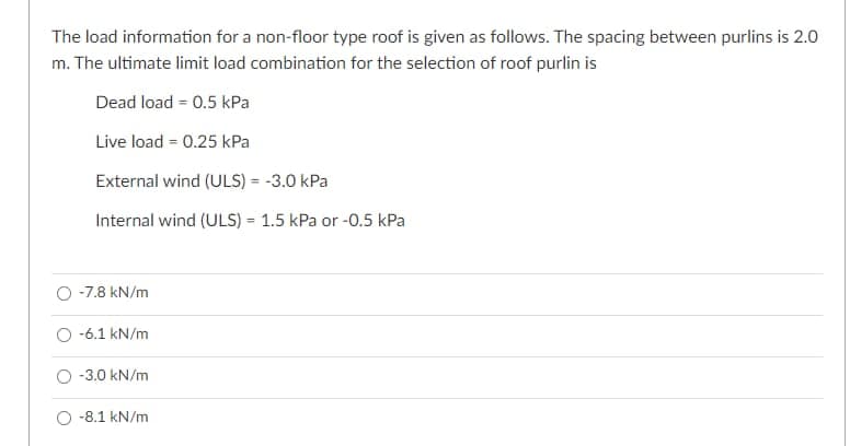 The load information for a non-floor type roof is given as follows. The spacing between purlins is 2.0
m. The ultimate limit load combination for the selection of roof purlin is
Dead load 0.5 kPa
Live load = 0.25 kPa
External wind (ULS) = -3.0 kPa
Internal wind (ULS) = 1.5 kPa or -0.5 kPa
-7.8 kN/m
-6.1 kN/m
-3.0 kN/m
-8.1 kN/m