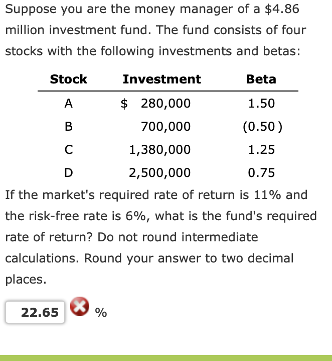 Suppose you are the money manager of a $4.86
million investment fund. The fund consists of four
stocks with the following investments and betas:
Stock
Investment
Beta
A
$ 280,000
1.50
В
700,000
(0.50)
1,380,000
1.25
2,500,000
0.75
If the market's required rate of return is 11% and
the risk-free rate is 6%, what is the fund's required
rate of return? Do not round intermediate
calculations. Round your answer to two decimal
places.
22.65
%
