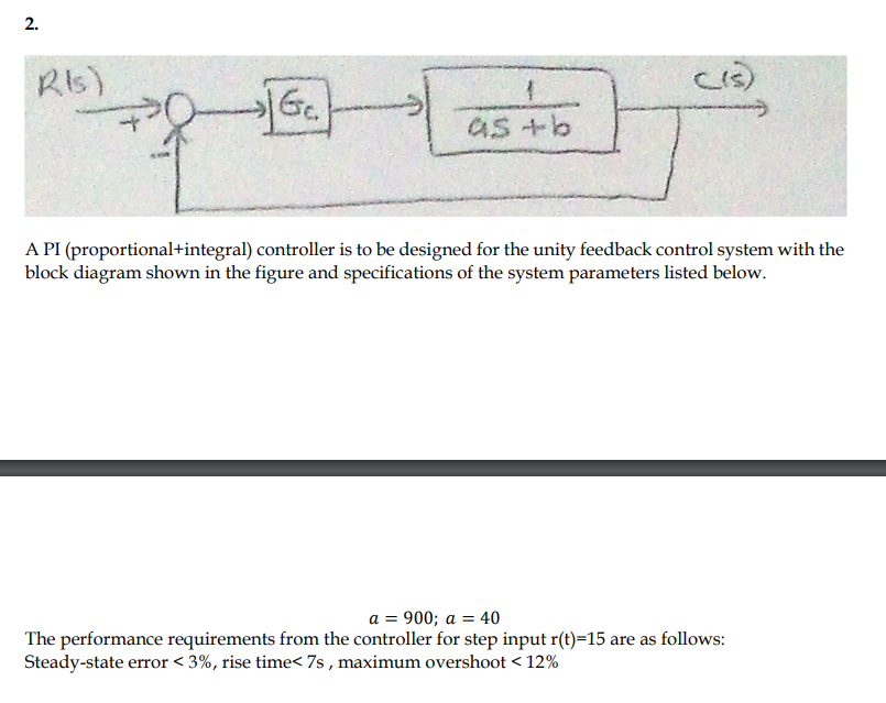 2.
RIs)
-
1
C(s)
A PI (proportional+integral) controller is to be designed for the unity feedback control system with the
block diagram shown in the figure and specifications of the system parameters listed below.
a = 900; a = 40
The performance requirements from the controller for step input r(t)=15 are as follows:
Steady-state error < 3%, rise time< 7s, maximum overshoot < 12%