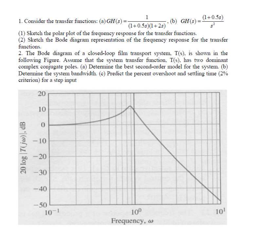 1
1. Consider the transfer functions: (a) GH (s) =
(b) GH(s) =
(1+0.5s)(1+2s)
(1) Sketch the polar plot of the frequency response for the transfer functions.
(2) Sketch the Bode diagram representation of the frequency response for the transfer
functions.
2. The Bode diagram of a closed-loop film transport system. T(s), is shown in the
following Figure. Assume that the system transfer function. T(s), has two dominant
complex conjugate poles. (a) Determine the best second-order model for the system. (b)
Determine the system bandwidth. (c) Predict the percent overshoot and settling time (2%
criterion) for a step input
20 log|T(jw), dB
20
10
0
-10
-20
-30
-40
-50
10-1
(1+0.5s)
S²
10⁰
Frequency, w
10¹