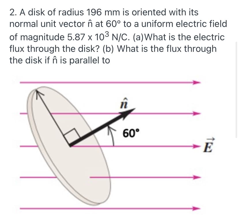 2. A disk of radius 196 mm is oriented with its
normal unit vector în at 60° to a uniform electric field
of magnitude 5.87 x 103 N/C. (a)What is the electric
flux through the disk? (b) What is the flux through
the disk if n is parallel to
în
60°
E
