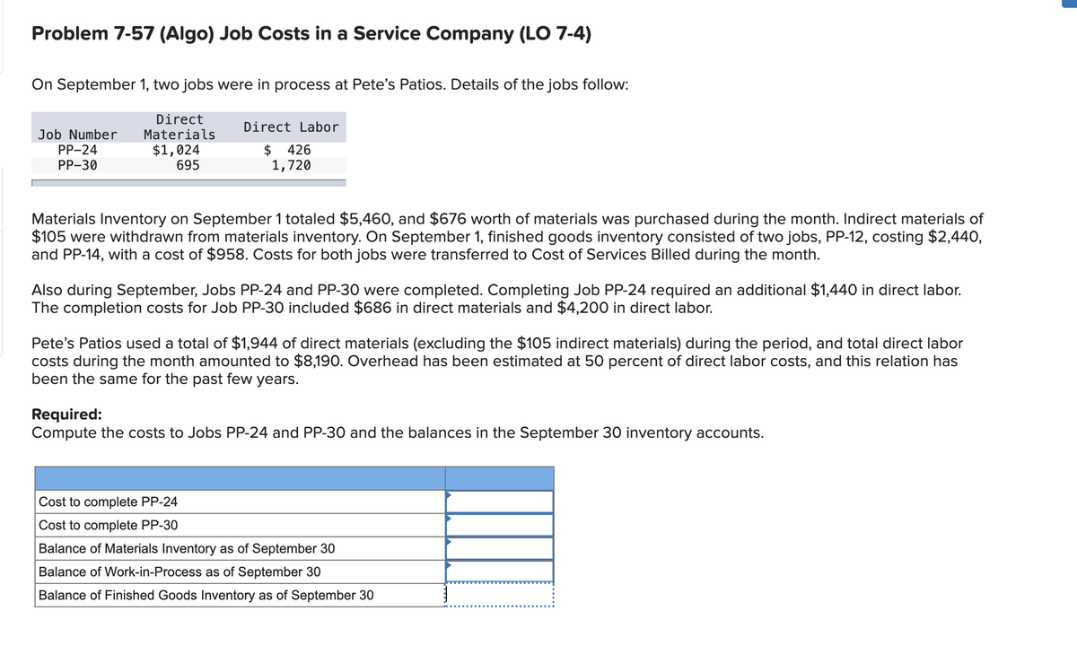Problem 7-57 (Algo) Job Costs in a Service Company (LO 7-4)
On September 1, two jobs were in process at Pete's Patios. Details of the jobs follow:
Direct
Materials
$1,024
695
Job Number
PP-24
PP-30
Direct Labor
$426
1,720
Materials Inventory on September 1 totaled $5,460, and $676 worth of materials was purchased during the month. Indirect materials of
$105 were withdrawn from materials inventory. On September 1, finished goods inventory consisted of two jobs, PP-12, costing $2,440,
and PP-14, with a cost of $958. Costs for both jobs were transferred to Cost of Services Billed during the month.
Also during September, Jobs PP-24 and PP-30 were completed. Completing Job PP-24 required an additional $1,440 in direct labor.
The completion costs for Job PP-30 included $686 in direct materials and $4,200 in direct labor.
Pete's Patios used a total of $1,944 of direct materials (excluding the $105 indirect materials) during the period, and total direct labor
costs during the month amounted to $8,190. Overhead has been estimated at 50 percent of direct labor costs, and this relation has
been the same for the past few years.
Required:
Compute the costs to Jobs PP-24 and PP-30 and the balances in the September 30 inventory accounts.
Cost to complete PP-24
Cost to complete PP-30
Balance of Materials Inventory as of September 30
Balance of Work-in-Process as of September 30
Balance of Finished Goods Inventory as of September 30