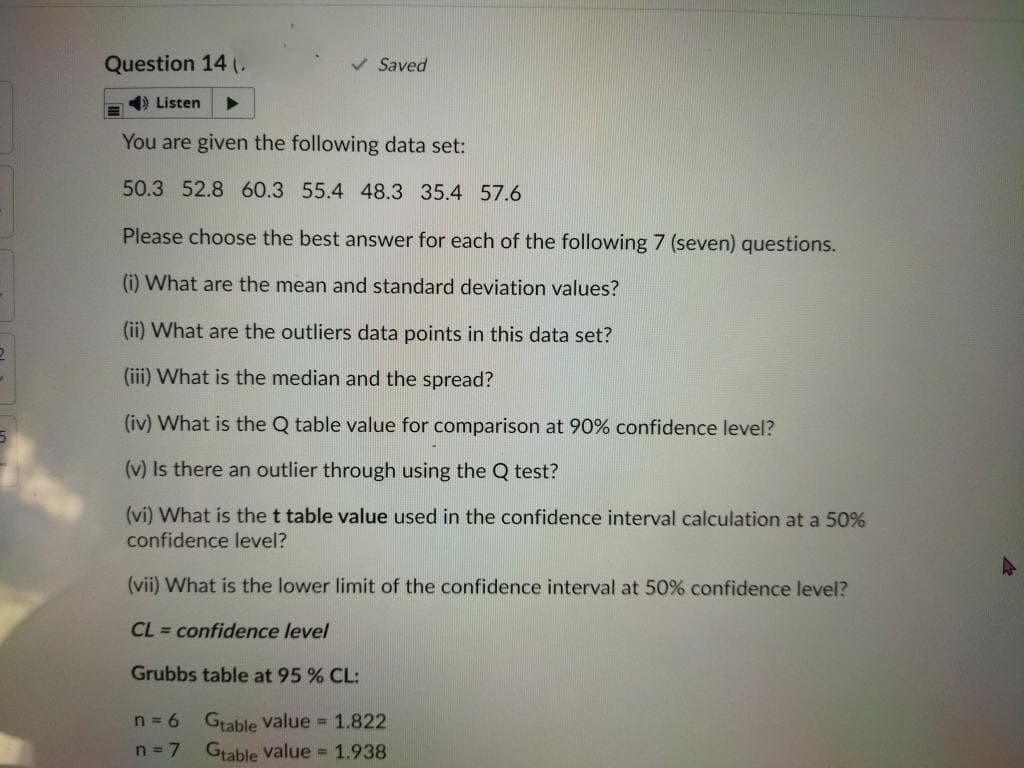 Question 14 (.
v Saved
) Listen
You are given the following data set:
50.3 52.8 60.3 55.4 48.3 35.4 57.6
Please choose the best answer for each of the following 7 (seven) questions.
(i) What are the mean and standard deviation values?
(ii) What are the outliers data points in this data set?
(iii) What is the median and the spread?
(iv) What is the Q table value for comparison at 90% confidence level?
(v) Is there an outlier through using the Q test?
(vi) What is the t table value used in the confidence interval calculation at a 50%
confidence level?
(vii) What is the lower limit of the confidence interval at 50% confidence level?
CL = confidence level
Grubbs table at 95 % CL:
n = 6
Grable value = 1.822
Gtable value = 1.938
n = 7
