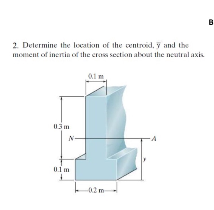 2. Determine the location of the centroid, y and the
moment of inertia of the cross section about the neutral axis.
0.1 m
0.3 m
N
A
0.1 m
-0.2 m-
B