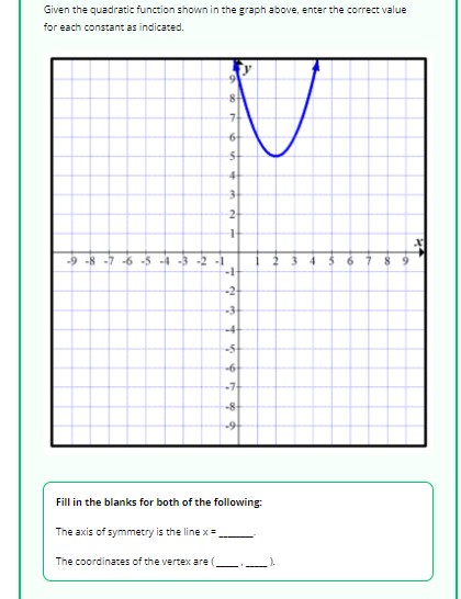 Given the quadratic function shown in the graph above, enter the correct value
for each constant as indicated.
-9-8-7-6-5-4-3-2-1
8
The coordinates of the vertex are (
6
5
4
3
2
H
++
-2
-3
4
-5
-6
-7
-8-
-9
Fill in the blanks for both of the following:
The axis of symmetry is the line x =
6 7
89