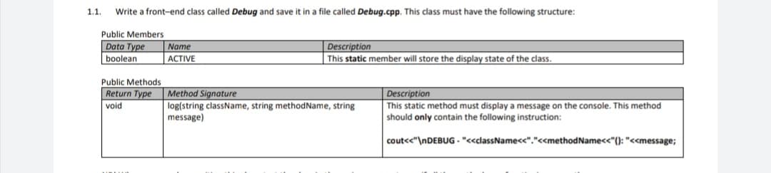 1.1.
Write a front-end class called Debug and save it in a file called Debug.cpp. This class must have the following structure:
Public Members
Data Type
Name
Description
This static member will store the display state of the class.
boolean
АCTIVE
Public Methods
Description
This static method must display a message on the console. This method
should only contain the following instruction:
Return Type
Method Signature
log(string className, string methodName, string
message)
void
cout<<"\NDEBUG - "<<className<<"."<<methodName<<"(): "<<message;
