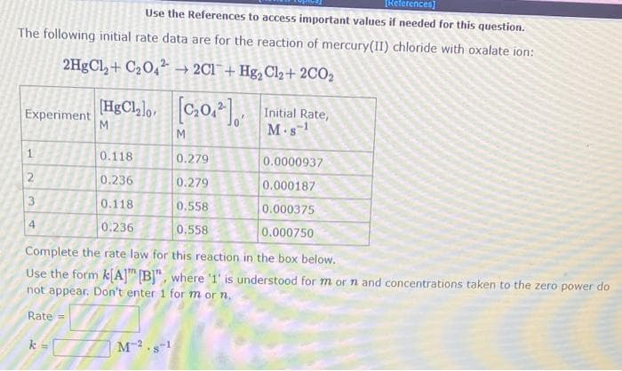 [References]
Use the References to access important values if needed for this question.
The following initial rate data are for the reaction of mercury(II) chloride with oxalate ion:
2HgCl₂+ C₂042 → 2C1+ Hg₂ Cl₂ + 2C02
Experiment
1
2
3
4
[HgCl₂]
M
0.118
0.236
0.118
0.236
0.0000937
0.000187
0.000375
0.000750
Complete the rate law for this reaction in the box below.
Use the form k[A] [B]", where '1' is understood for m or n and concentrations taken to the zero power do
not appear. Don't enter 1 for m or n.
Rate =
[₂0]
M
M2.8-1
Initial Rate,
M-81
0.279
0.279
0.558
0.558