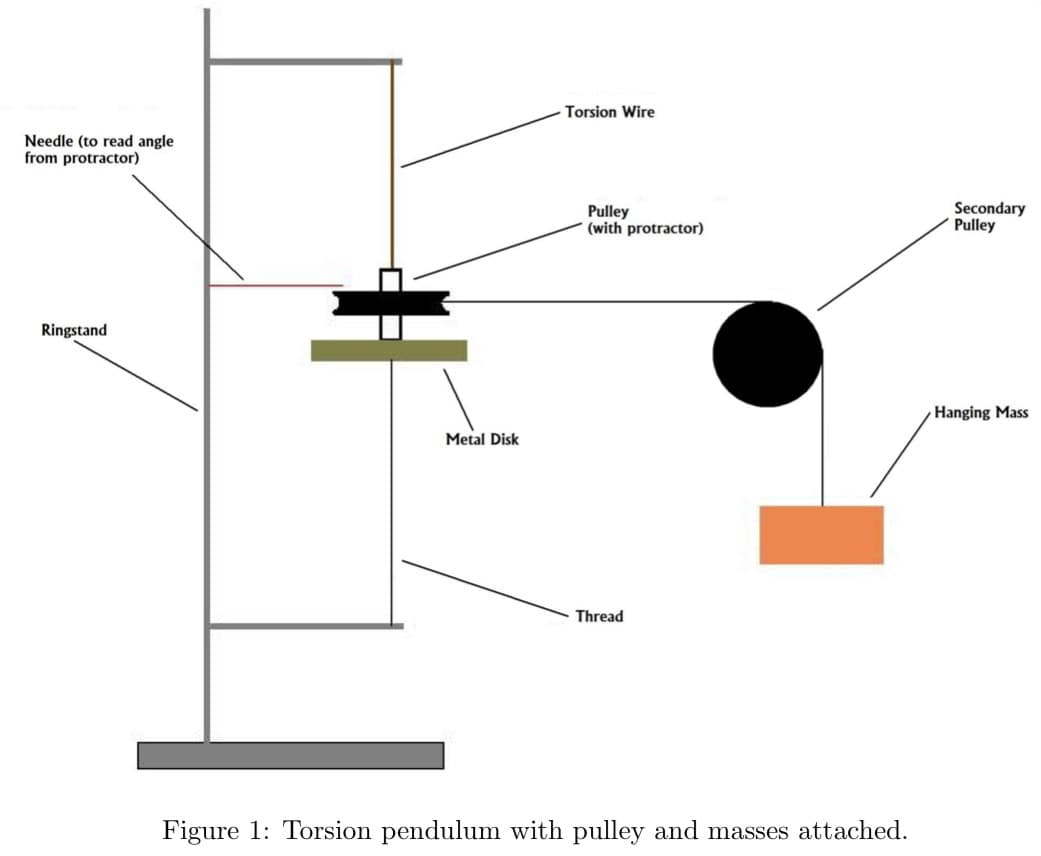 Needle (to read angle
from protractor)
Ringstand
Metal Disk
Torsion Wire
Pulley
(with protractor)
Thread
Figure 1: Torsion pendulum with pulley and masses attached.
Secondary
Pulley
Hanging Mass