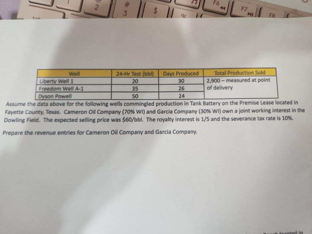 Well
Liberty Well 1
Freedom Well A-1
3) N
#3
$
%%
C
Days Produced
30
26
24
F6
F7F8
24-Hr Test (bbl)
20
35
Dyson Powell
50
Assume the data above for the following wells commingled production in Tank Battery on the Premise Lease located in
Fayette County, Texas. Cameron Oil Company (70% WI) and Garcia Company (30% WI) own a joint working interest in the
Dowling Field. The expected selling price was $60/bbl. The royalty interest is 1/5 and the severance tax rate is 10%.
Prepare the revenue entries for Cameron Oil Company and Garcia Company.
Total Production Sold
2,900 - measured at point
of delivery
located in