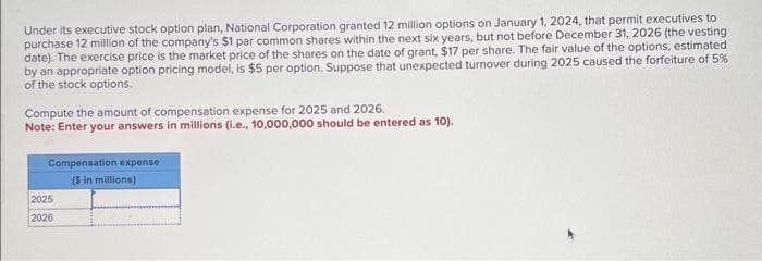 Under its executive stock option plan, National Corporation granted 12 million options on January 1, 2024, that permit executives to
purchase 12 million of the company's $1 par common shares within the next six years, but not before December 31, 2026 (the vesting
date). The exercise price is the market price of the shares on the date of grant, $17 per share. The fair value of the options, estimated
by an appropriate option pricing model, is $5 per option. Suppose that unexpected turnover during 2025 caused the forfeiture of 5%
of the stock options.
Compute the amount of compensation expense for 2025 and 2026.
Note: Enter your answers in millions (i.e., 10,000,000 should be entered as 10).
Compensation expense
($ in millions)
2025
2026