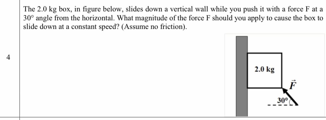 The 2.0 kg box, in figure below, slides down a vertical wall while you push it with a force F at
30° angle from the horizontal. What magnitude of the force F should you apply to cause the box
slide down at a constant speed? (Assume no friction).
