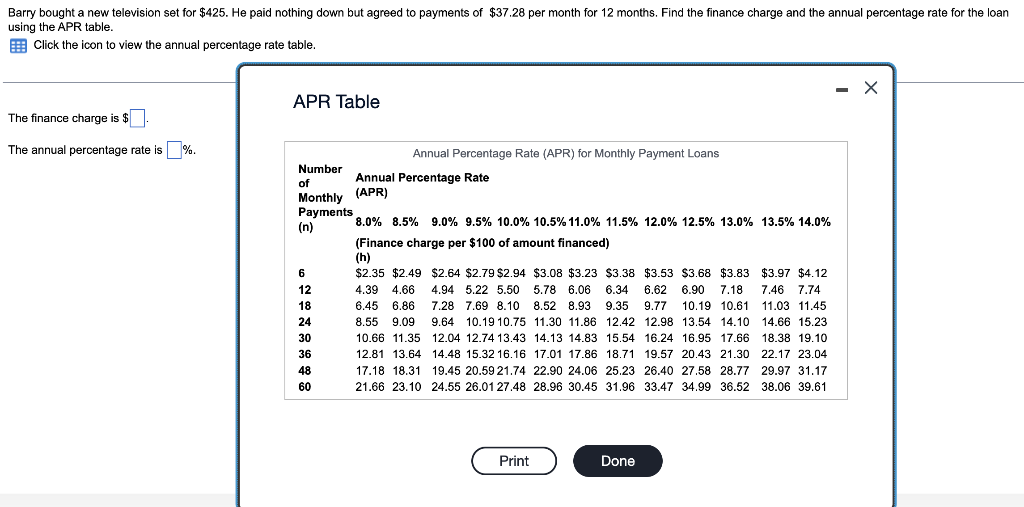 Barry bought a new television set for $425. He paid nothing down but agreed to payments of $37.28 per month for 12 months. Find the finance charge and the annual percentage rate for the loan
using the APR table.
Click the icon to view the annual percentage rate table.
The finance charge is $.
The annual percentage rate is %.
APR Table
Number
of
Monthly
Payments
(n)
6
12
18
24
30
36
48
60
Annual Percentage Rate (APR) for Monthly Payment Loans
Annual Percentage Rate
(APR)
8.0% 8.5% 9.0% 9.5% 10.0% 10.5% 11.0% 11.5% 12.0% 12.5% 13.0% 13.5% 14.0%
(Finance charge per $100 of amount financed)
(h)
$2.35 $2.49 $2.64 $2.79 $2.94 $3.08 $3.23 $3.38 $3.53 $3.68 $3.83 $3.97 $4.12
4.39 4.66 4.94 5.22 5.50 5.78 6.06 6.34 6.62 6.90 7.18 7.46 7.74
6.45 6.86 7.28 7.69 8.10 8.52 8.93 9.35 9.77 10.19 10.61 11.03 11.45
8.55 9.09 9.64 10.19 10.75 11.30 11.86 12.42 12.98 13.54 14.10 14.66 15.23
10.66 11.35 12.04 12.74 13.43 14.13 14.83 15.54 16.24 16.95 17.66 18.38 19.10
12.81 13.64 14.48 15.32 16.16 17.01 17.86 18.71 19.57 20.43 21.30 22.17 23.04
17.18 18.31 19.45 20.59 21.74 22.90 24.06 25.23 26.40 27.58 28.77
21.66 23.10 24.55 26.01 27.48 28.96 30.45 31.96 33.47 34.99 36.52
29.97 31.17
38.06 39.61
Print
Done
X