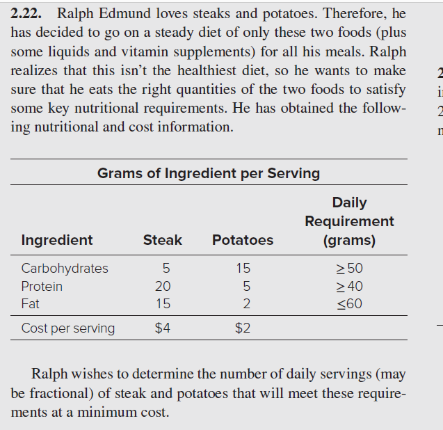 2.22. Ralph Edmund loves steaks and potatoes. Therefore, he
has decided to go on a steady diet of only these two foods (plus
some liquids and vitamin supplements) for all his meals. Ralph
realizes that this isn't the healthiest diet, so he wants to make
sure that he eats the right quantities of the two foods to satisfy
some key nutritional requirements. He has obtained the follow-
ing nutritional and cost information.
Grams of Ingredient per Serving
Ingredient
Carbohydrates
Protein
Fat
Cost per serving
Steak
5
20
15
$4
Potatoes
15
LON
5
2
$2
Daily
Requirement
(grams)
≥ 50
> 40
<60
Ralph wishes to determine the number of daily servings (may
be fractional) of steak and potatoes that will meet these require-
ments at a minimum cost.
2
i
2
n