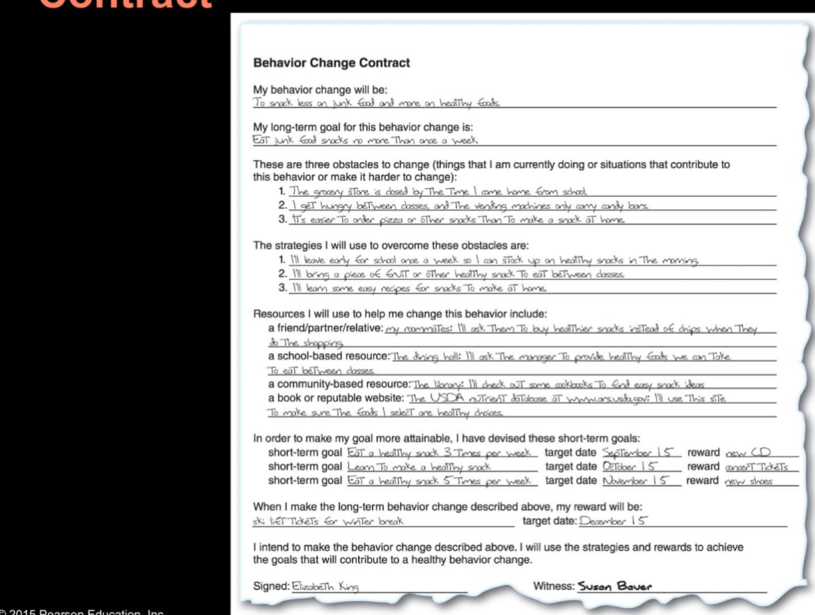 Behavior Change Contract
My behavior change will be:
To snack less on junk food and more on healthy foods.
My long-term goal for this behavior change is:
Eat junk food snacks no more Than once a week
These are three obstacles to change (things that I am currently doing or situations that contribute to
this behavior or make it harder to change):
1. The grocery store is closed by The Time I come home from school
2. I get hungry between classes, and The vending machines only carry candy bars..
3. It's easier To order pizza or other snacks Than To make a snack at home.
The strategies I will use to overcome these obstacles are:
1. I'll leave early for school once a week so I can stock up on healthy snacks in The morning.
2. I'll bring a piece of ENIT or other healthy snack To eat between classes.
3. I'll learn some easy recipes for snacks To make at home
Resources I will use to help me change this behavior include:
a friend/partner/relative: my roommates: I'll ask Them To buy healthier snacks instead of chips when They
do The shopping
a school-based resource: The dining hall: I'll ask The manager To provide healthy foods we can Take
To eat between classes.
a community-based resource. The library: I'll check out some cookbooks To find easy snack ideas.
a book or reputable website: The USDA nutrient database at www.ors.usda gov: I'll use This site
To make sure The Goods I select are healthy choices
In order to make my goal more attainable, I have devised these short-term goals:
short-term goal Eat a healthy snack 3 Times per week
short-term goal Leam To make a healthy snack
short-term goal Eat a healthy snack 5 Times per week target date November 15
target date September 15
target date October 15
reward new CD
reward concert Tickets
reward new shoes
When I make the long-term behavior change described above, my reward will be:
ski lift Tickets for Winter break
target date: December 15
I intend to make the behavior change described above. I will use the strategies and rewards to achieve
the goals that will contribute to a healthy behavior change.
Signed: Elizabeth King
2015 Pearson Education Inc
Witness: Susan Baver