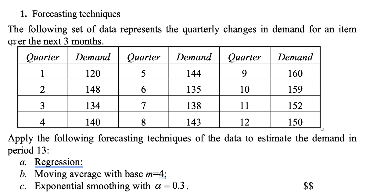 1. Forecasting techniques
The following set of data represents the quarterly changes in demand for an item
Cer the next 3 months.
Оuarter
Demand
Оиarter
Demand
Quarter
Demand
1
120
5
144
9.
160
2
148
6
135
10
159
3
134
7
138
11
152
4
140
8
143
12
150
Apply the following forecasting techniques of the data to estimate the demand in
period 13:
a. Regression;
b. Moving average with base m=4;
c. Exponential smoothing with a = 0.3.
$$

