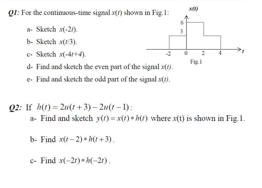 x(1)
Q1: For the continuous-time signal x(t) shown in Fig.1:
6.
a- Sketch x(-2t).
3
b- Sketch x(t/3).
c- Sketch x(-4t+4).
4
-2
Fig.1
d- Find and sketch the even part of the signal x(t).
e- Find and sketch the odd part of the signal x(t).
Q2: If h(t)= 2u(t+3) – 2u(t – 1):
a- Find and sketch y(t) = x(t) * h(t) where x(t) is shown in Fig.1.
b- Find x(t- 2) * h(t +3).
c- Find x(-2t) * h(-2t) .
