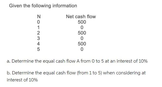 Given the following information
ZO12345
N
0
Net cash flow
500
0
500
0
500
0
a. Determine the equal cash flow A from 0 to 5 at an interest of 10%
b. Determine the equal cash flow (from 1 to 5) when considering at
interest of 10%