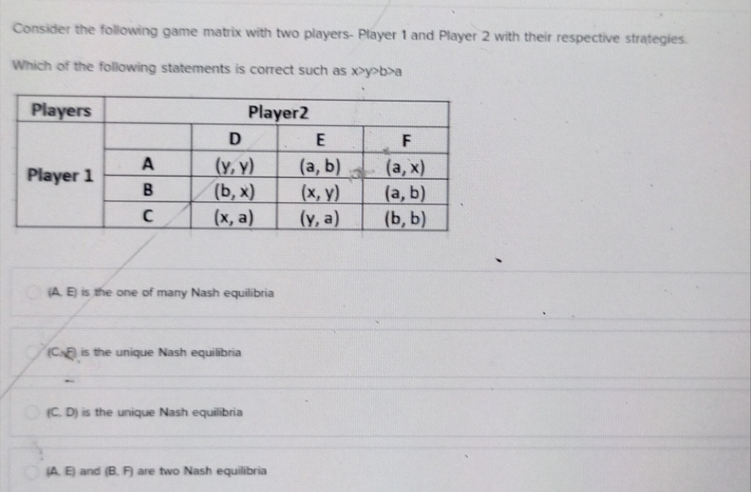 Consider the following game matrix with two players- Player 1 and Player 2 with their respective strategies.
Which of the following statements is correct such as x>y>b>a
Players
Player2
Player 1
A
B
C
D
(Y, Y)
(b, x)
(x, a)
(AE) is the one of many Nash equilibria
(C) is the unique Nash equilibria
(C. D) is the unique Nash equilibria
(A. E) and (B. F) are two Nash equilibria
E
(a, b)
(x, y)
(y, a)
F
(a,x)
(a, b)
(b, b)
