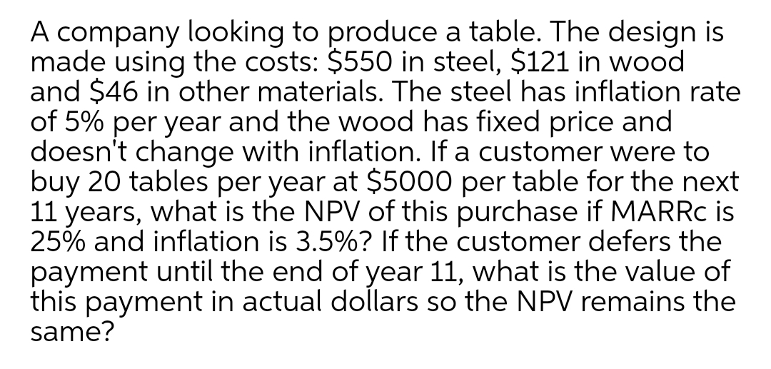 A company looking to produce a table. The design is
made using the costs: $550 in steel, $121 in wood
and $46 in other materials. The steel has inflation rate
of 5% per year and the wood has fixed price and
doesn't change with inflation. If a customer were to
buy 20 tables per year at $5000 per table for the next
11 years, what is the NPV of this purchase if MARRC is
25% and inflation is 3.5%? If the customer defers the
payment until the end of year 11, what is the value of
this payment in actual dollars so the NPV remains the
same?
