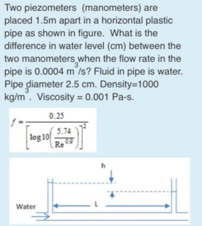 Two piezometers (manometers) are
placed 1.5m apart in a horizontal plastic
pipe as shown in figure. What is the
difference in water level (cm) between the
two manometers when the flow rate in the
pipe is 0.0004 m /s? Fluid in pipe is water.
Pipe diameter 2.5 cm. Density=1000
kg/m. Viscosity = 0.001 Pa-s.
%3D
0.25
5.74
log 10
Re 09
|
Water
