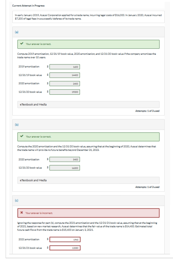 Current Attempt in Progress
In early January 2019, Ayayai Corporation applied for a trade name, incurring legal costs of $16,000. In January 2020, Ayayai incurred
$7,200 of legal fees in a successful defense of its trade name.
Your answer is correct.
Compute 2019 amortization, 12/31/19 book value, 2020 amortization, and 12/31/20 book value if the company amortizes the
trade name over 10 years.
(b)
2019 amortization
$
1600
12/31/19 book value $
14400
2020 amortization
$
2400
12/31/20 book value
$
19200
eTextbook and Media
Attempts: 1 of 3 used
Your answer is correct.
Compute the 2020 amortization and the 12/31/20 book value, assuming that at the beginning of 2020, Ayayai determines that
the trade name will provide no future benefits beyond December 31, 2023.
(c)
2020 amortization
$
5400
12/31/20 book value $
16200
eTextbook and Media
Your answer is incorrect.
Attempts: 1 of 3 used
Ignoring the response for part (b), compute the 2021 amortization and the 12/31/21 book value, assuming that at the beginning
of 2021, based on new market research, Ayayai determines that the fair value of the trade name is $14,400. Estimated total
future cash flows from the trade name is $15,400 on January 3, 2021.
2021 amortization
$
1940
12/31/21 book value
$
13580