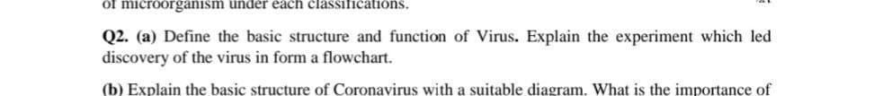 of microorganism under each classifications.
Q2. (a) Define the basic structure and function of Virus. Explain the experiment which led
discovery of the virus in form a flowchart.
(b) Explain the basic structure of Coronavirus with a suitable diagram. What is the importance of
