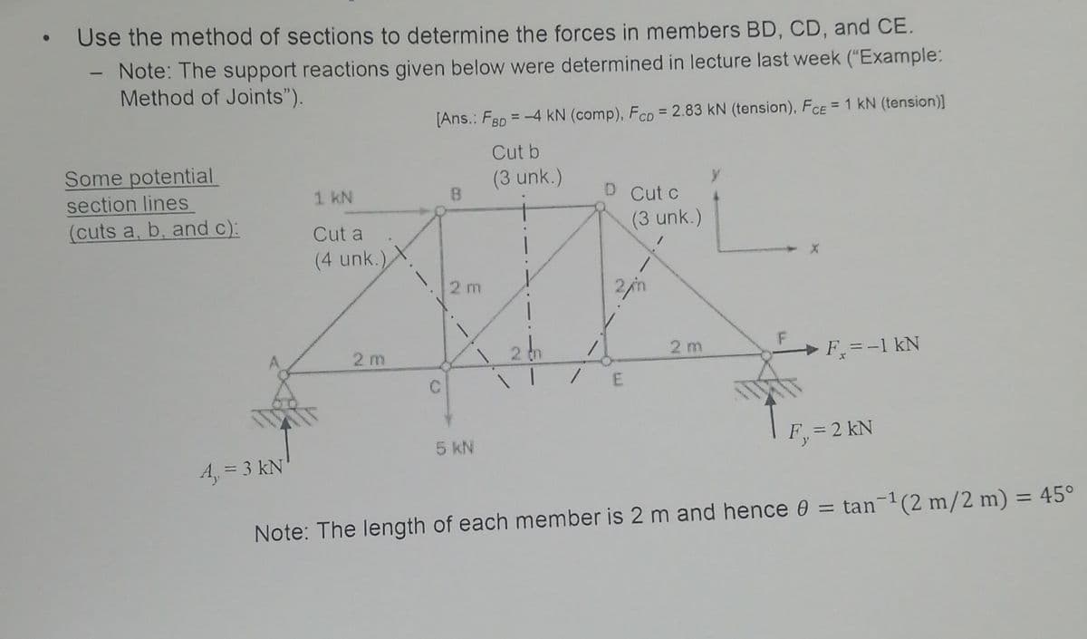Use the method of sections to determine the forces in members BD, CD, and CE.
Note: The support reactions given below were determined in lecture last week (“Example:
Method of Joints").
[Ans.: Fsp = -4 kN (comp), FCD = 2.83 kN (tension), FCE = 1 kN (tension)]
Cut b
Some potential
(3 unk.)
y
section lines
1 kN
Cut c
(cuts a, b̟ and c):
(3 unk.)
Cut a
(4 unk.),
2 m
2/n
2 m
2 th
2 m
→ F=-1 kN
F = 2 kN
5 kN
A, = 3 kN
%3D
%3D
Note: The length of each member is 2 m and hence 0 = tan-1(2 m/2 m) = 45°
E.
